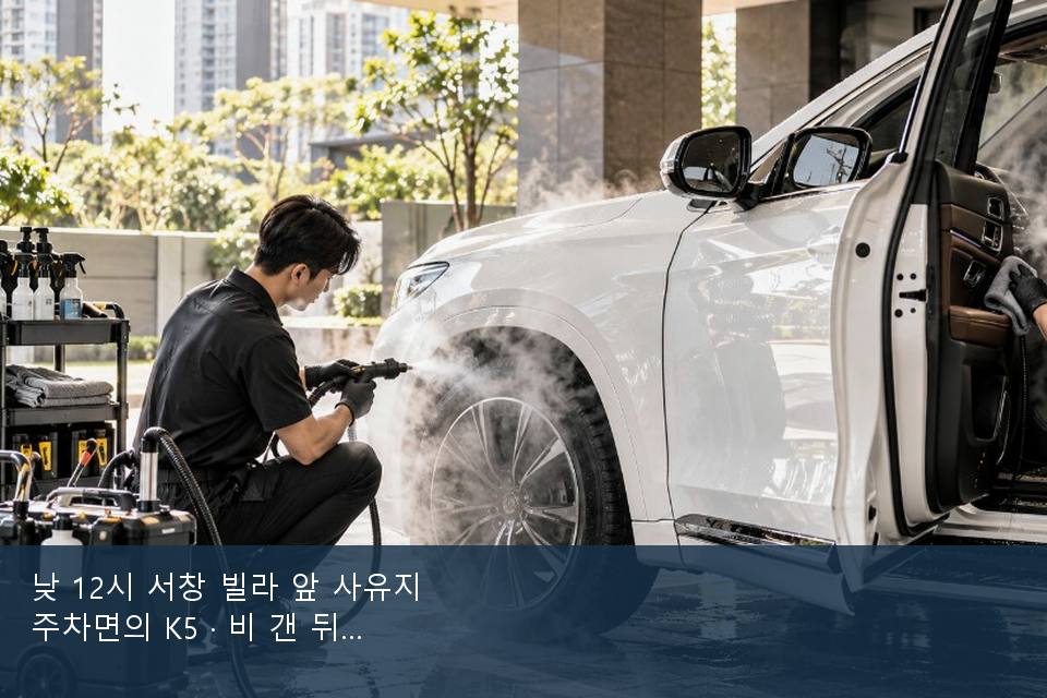 낮 12시 서창 빌라 앞 사유지 주차면의 K5 · 비 갠 뒤의 작업